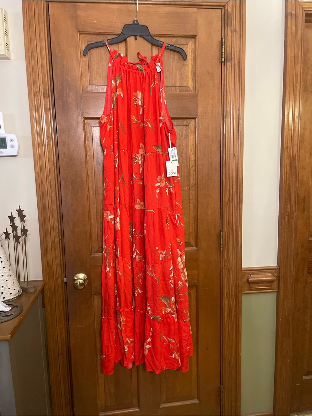 CeCe Women’s Fiery Red Sleeveless Floral Print “Tiered” Maxi Dress‎ NWT Size PL